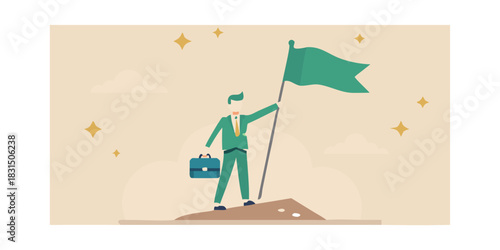 Businessman planting flag on mountain peak celebrating success and achievement