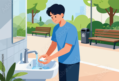 A young man washes hands with soap at an outdoor sink near a park, green space, and benches