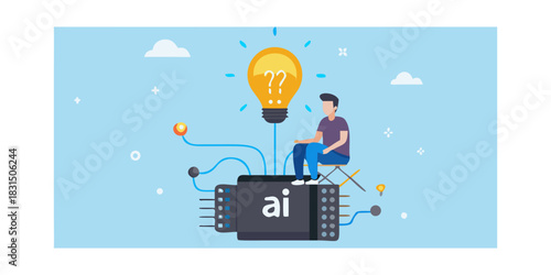 Man sitting on ai chip with a lightbulb overhead symbolizing innovation and ideas