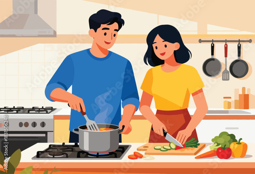 A couple cooks together in a bright kitchen, with one stirring a pot while the other chops vegetables