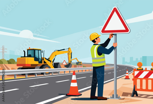 An illustration shows a worker installing a road sign. Heavy machinery is visible along a highway under construction