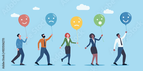 Diverse group of people holding balloons with different facial expressions