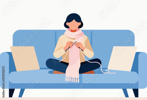 Illustration of a person knitting a pink scarf while sitting on a blue couch with pillows, minimalist style