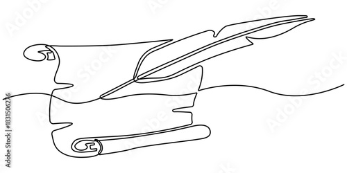 Continuous one line drawing of a quill, inkwell, and scroll. Minimalist art conveying vintage writing and history. Vector illustration, Editable stroke