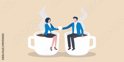 Business people sharing coffee break sitting in giant coffee cups