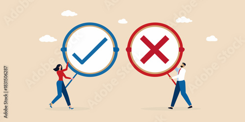 Man and woman holding check mark and cross signs representing choice