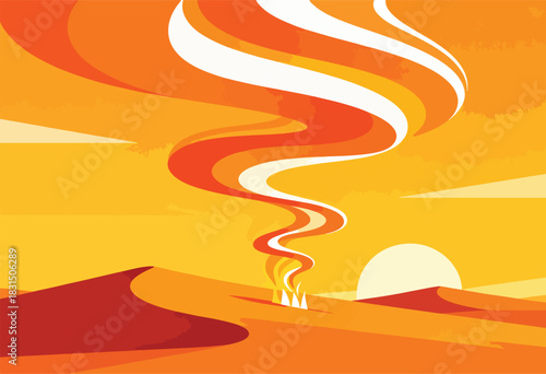 Abstract desert landscape with warm colors, stylized dunes, sun, and flowing shapes rising from the ground