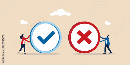 Business people making a choice between a check mark and a cross mark