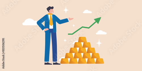 Businessman standing next to stack of gold bars with upward trend graph