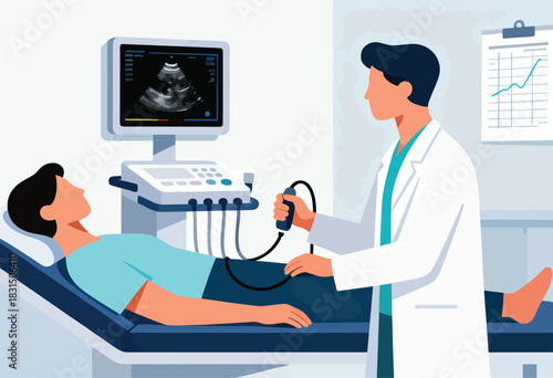 A medical illustration shows a doctor performing an ultrasound on a patient in a medical room