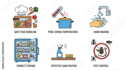 Kitchen Sanitation Procedures and Safe Cooking Symbols – Minimalist Vector Illustration