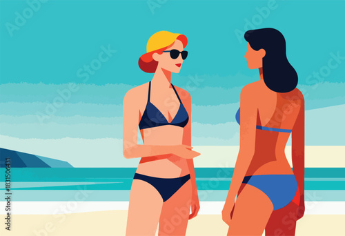 Two women in swimsuits stand on a beach, facing each other, with sea, sand and mountains in the background