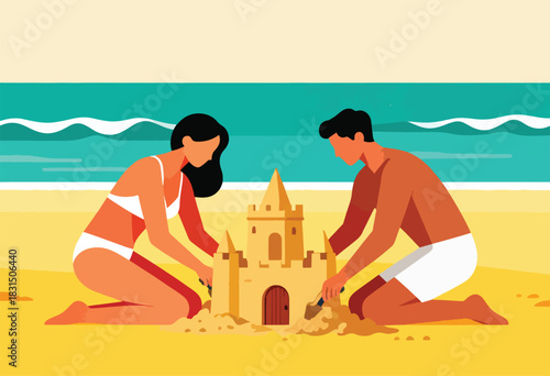 Illustration of a couple building a sandcastle on a sunny beach, waves in the turquoise ocean