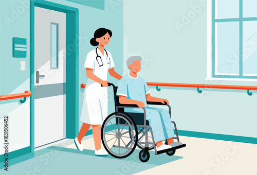 A nurse pushes an elderly man in a wheelchair down a hospital hallway. They walk towards the door