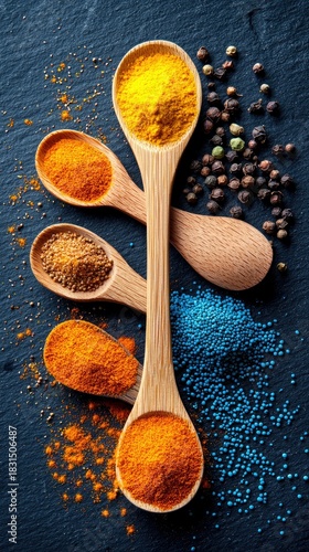 Overhead shot of various spices in wooden spoons on a dark surface, showcasing culinary ingredients.