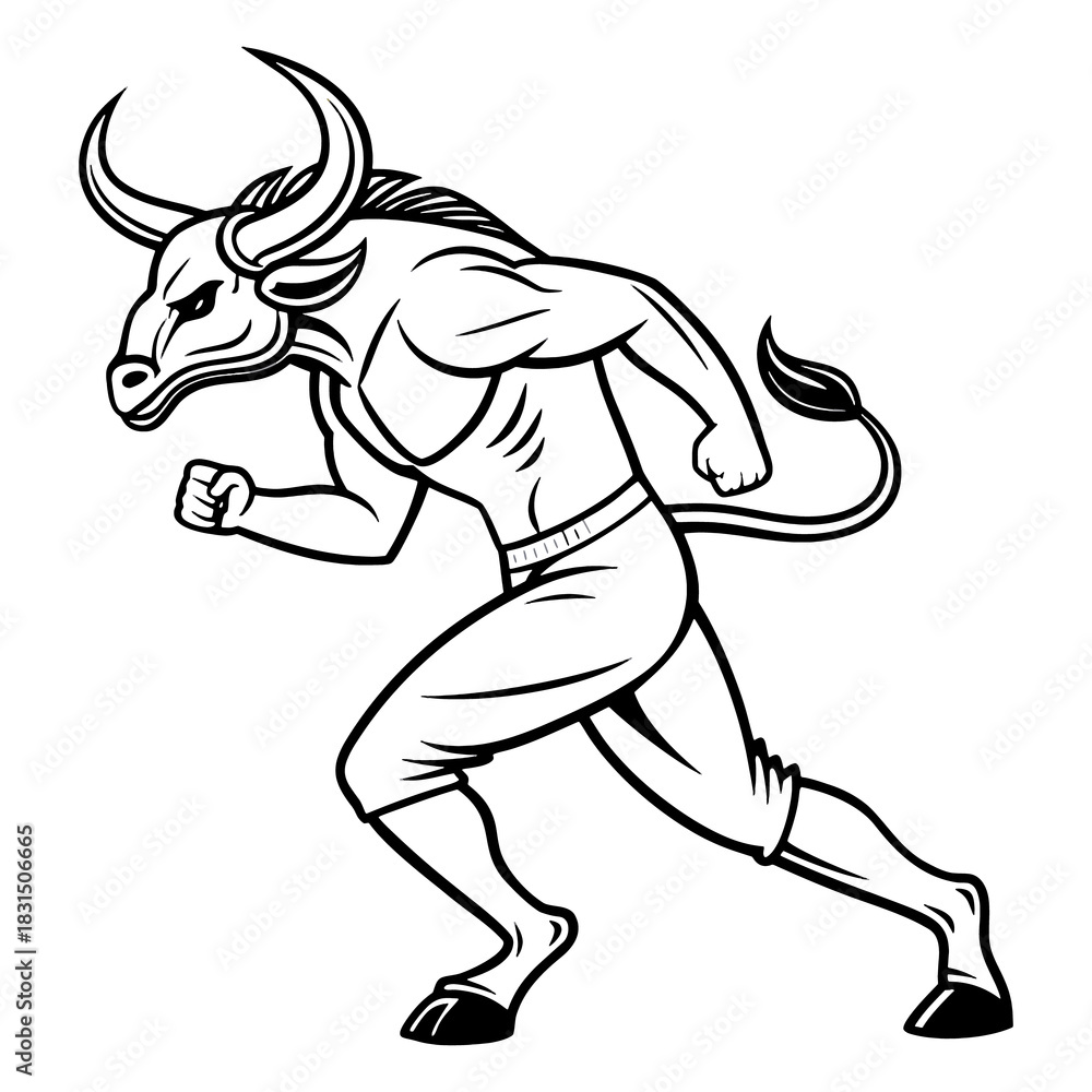 Fototapeta premium Muscular bull creature running with powerful stance and large horns vector