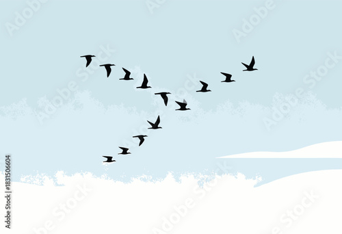 A flock of birds, rendered as silhouettes, flies in a V-formation against a pale blue sky