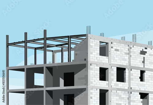 Abstract illustration of an unfinished multi-story building under construction against a light blue sky