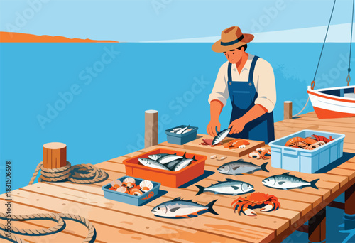A fisherman prepares seafood on a dock; fish, shellfish, crab, shrimp are laid out with a boat in background