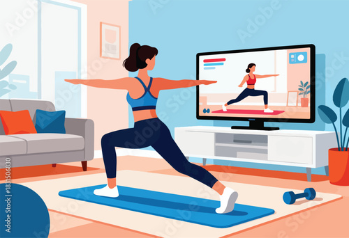 A woman in athletic wear practices yoga, following a tutorial displayed on a large screen in a living room setting