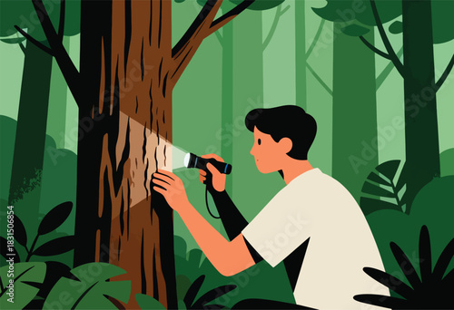 A person uses a flashlight to examine a tree in a lush green forest, exploring the natural world