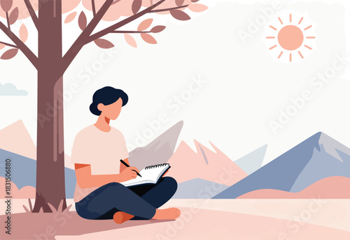 A person sits under a tree, writing in a notebook, with a mountain range and sun in the background