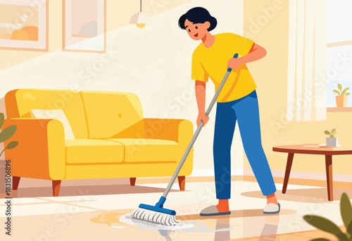 An illustration shows a person mopping a floor. A yellow couch sits near the person. The image has a warm color scheme