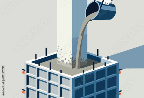Illustration of a construction scene, pouring concrete into a form. A hand holding a bucket is shown