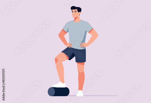 A man in athletic attire stands with one leg elevated on a black cylinder, hands on hips. A pastel background