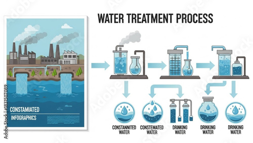 Step-by-Step Water Purification Stages with Filtration and Disinfection – Educational Vector Illustration