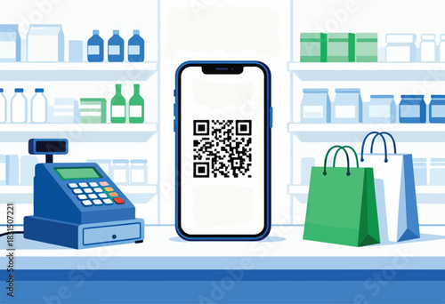 Illustration of a store checkout with a phone displaying a QR code, shopping bags, and items on shelves