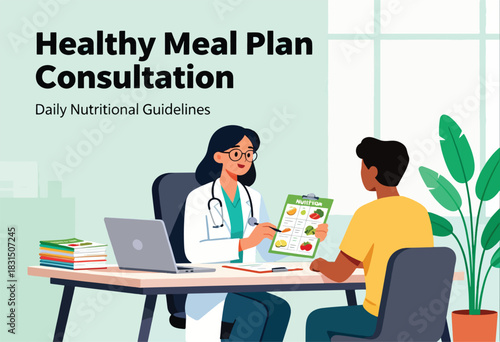 Illustration of a doctor showing a nutrition chart to a patient during a consultation. A laptop and plant are present