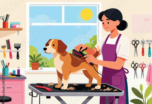 An illustration depicting a pet groomer brushing a dog in a grooming salon with tools and a sunny window view