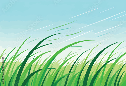 Illustration of tall green grass blowing in a windy day, blue sky with lines above, watercolor effect