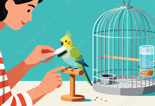 A person pets a colorful parrot perched on a wooden stand. A cage, water, and food dish are also present