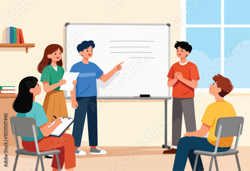 A meeting is shown with a presenter, attendees, whiteboard, and books. Sunlight streams through a window