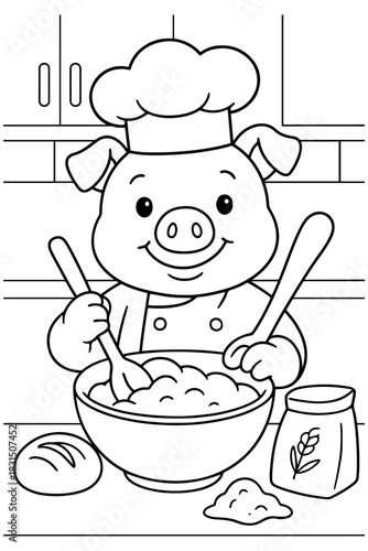 Cute Pig Chef Mixing Ingredients in Bowl with Spoon and Whisk in Kitchen