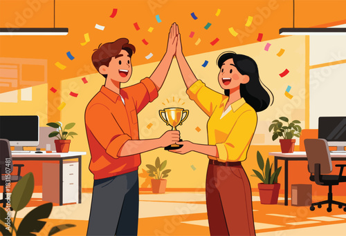 A stylized office scene, a man and woman celebrate with high-five, holding a trophy, confetti falling