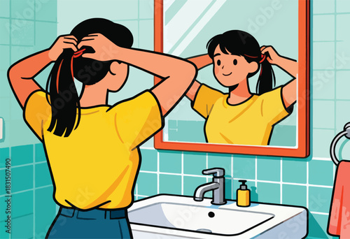 An illustrated woman ties her hair in a ponytail in front of a mirror in a bathroom setting