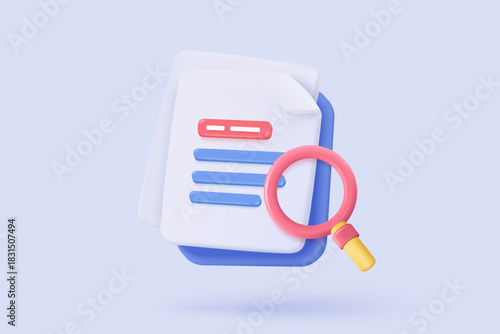 3d media file management concept. Searching image and video files in database. Document management soft, document flow app, compound docs concept. 3d magnifying icon vector rendering illustration