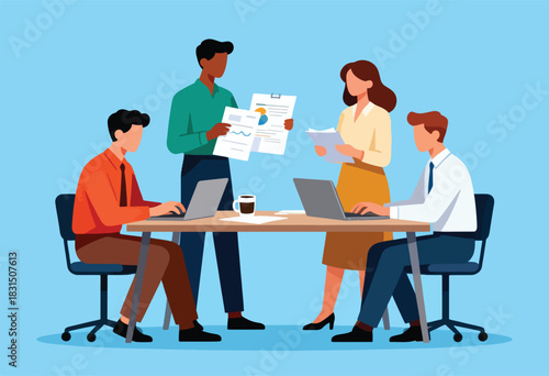 Illustration of a business meeting. Four diverse individuals gather at a table, discussing documents and using laptops