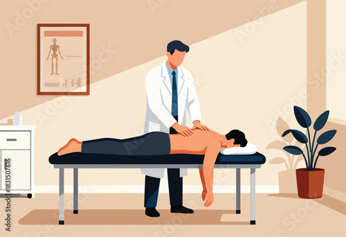 An illustration shows a doctor giving a back massage to a patient lying on a therapy table in a room