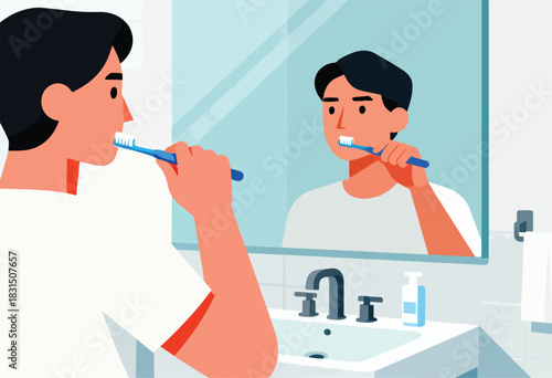 A person brushes teeth in front of a mirror, bathroom setting. Side view, reflection. Sink, faucet, and towel are visible