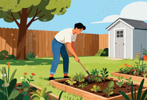 A person gardens in a sunny backyard with raised beds, a shed, fence, and flourishing plants