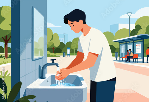 A man washes his hands at an outdoor sink near a bus stop, a sunny day in a clean environment