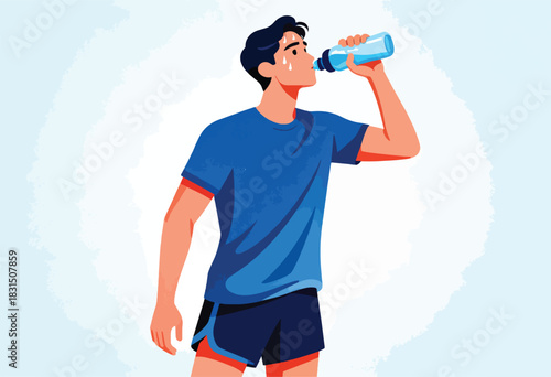 A vector illustration depicts a man in athletic wear drinking water from a bottle after exertion