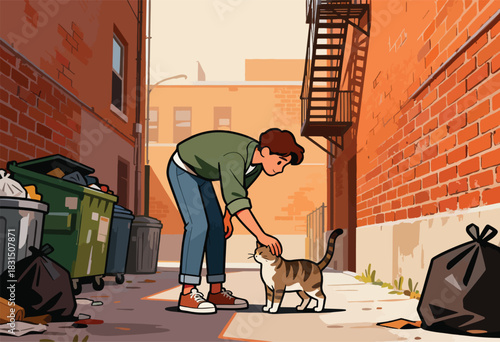 A person in jeans pets a tabby cat in a brick-walled alley, trash bins are present