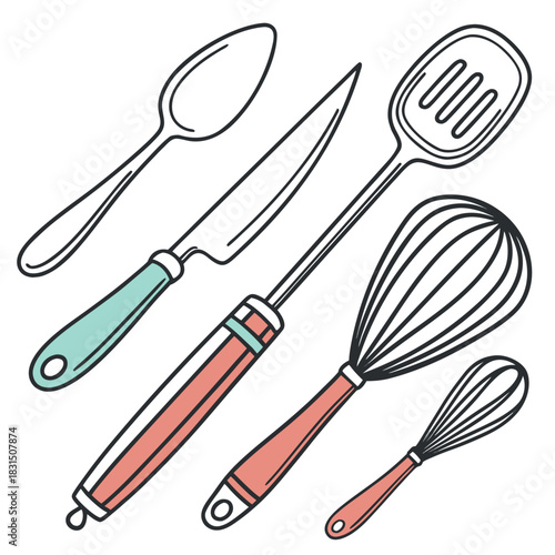 Set of kitchen utensils with pastel handles whisk spatula