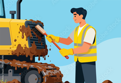 A worker in reflective vest scrubs a muddy yellow construction vehicle with a brush. Blue sky background