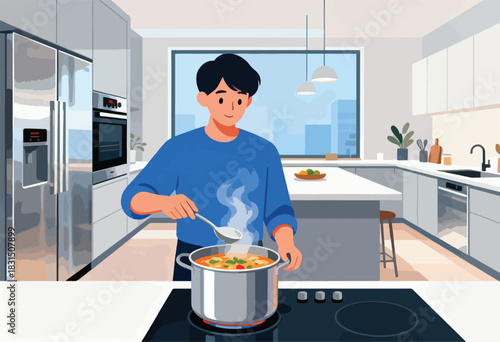 A person in a modern kitchen, ladling soup from a pot on a stove. The room is bright and clean